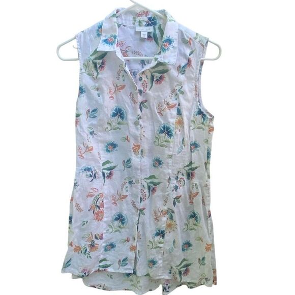 J.Jill Love Linen Sleeveless Shirt Dress XS Floral Button Front Summer Casual - Picture 2 of 6